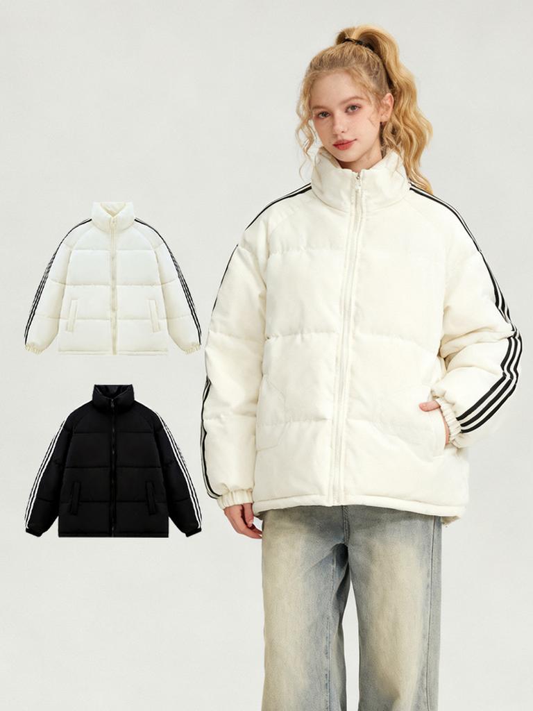 Winter Thick Puffer Coat for Women, Striped Casual Warm Coat for Couples, Thick Padding Jacket
