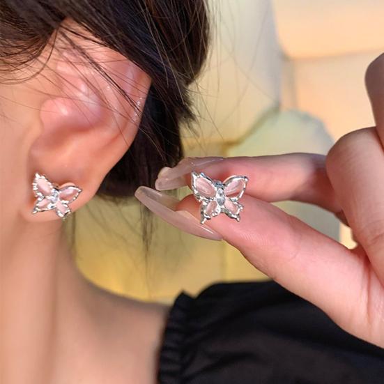 1 Pair Women Stud Earrings Double-layered 3D Butterfly Faux Opal Polished Anti-slip Ear Studs Prom Dating Party Ear Jewelry