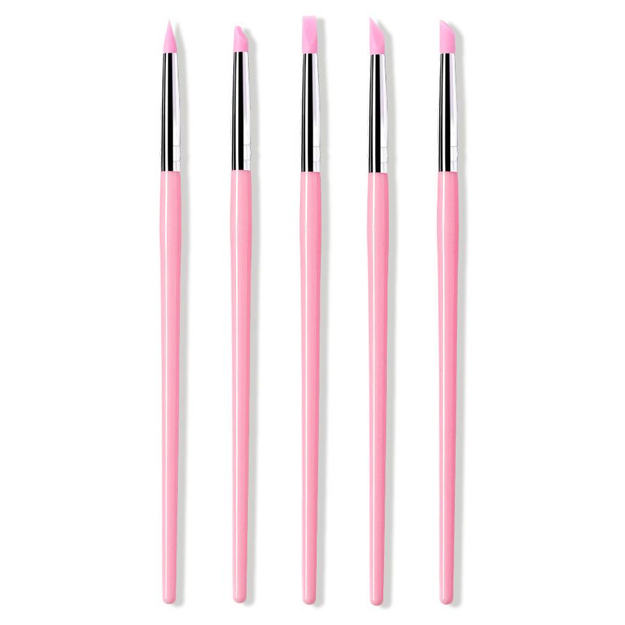 Set de 5 stylos Silicone pour Nail Art, Stylo à pression pour Stickers, Pinceau pour Frotter la Poudre Miroir & Sculpture Acrylique pour Design de Manucure rose