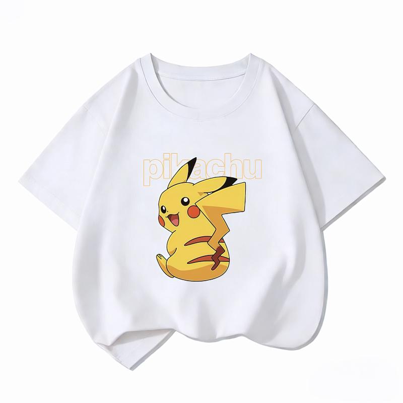 Potdemiel Kids Cotton Tshirt Cute Pikachu Cartoon Print Summer Short Sleeve Breathable Crew Neck Boys Girls Casual Tops