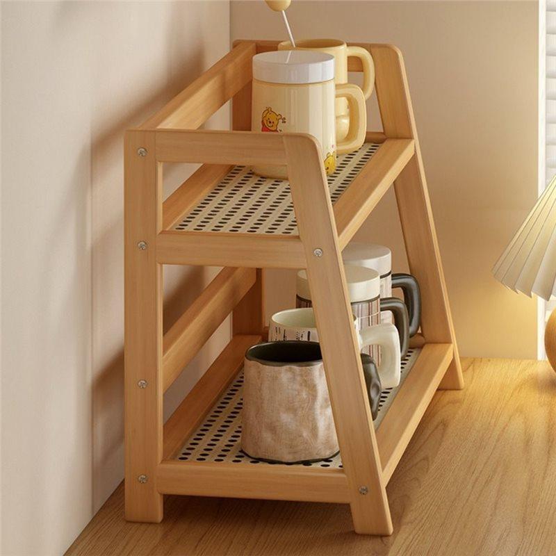 Desktop Rattan Wooden Storage Shelf For Kitchen Organizer Display Rack Spice Rack For Countertop Makeup Organizer