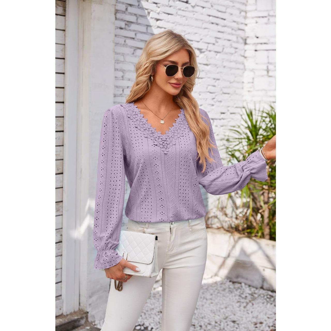 

GMXIA Весна-лето Однотонная Свободная футболка с длинным рукавом и V-образным вырезом для женщин XXL фиолетовый