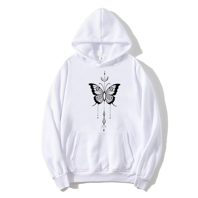 Ladies Spring Autumn Casual Sports Hooded Long Sleeve Big Pocket Butterfly Printed Pullover Hoodies Sweatshirt Top