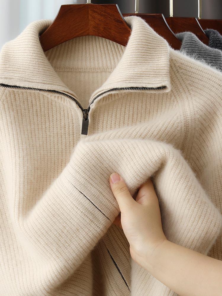 Men's Double-Ply Pure Wool High Neck Zipper Cardigan - Thickened Loose Casual Knit Sweater for Autumn and Winter.