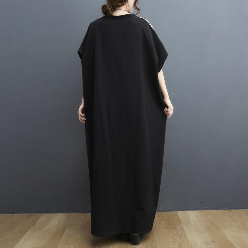 Big Size Women's Summer New Cotton and Linen Retro Colour Blocking Long Dress Large Pockets V-neck Long Gown Women's Dresses