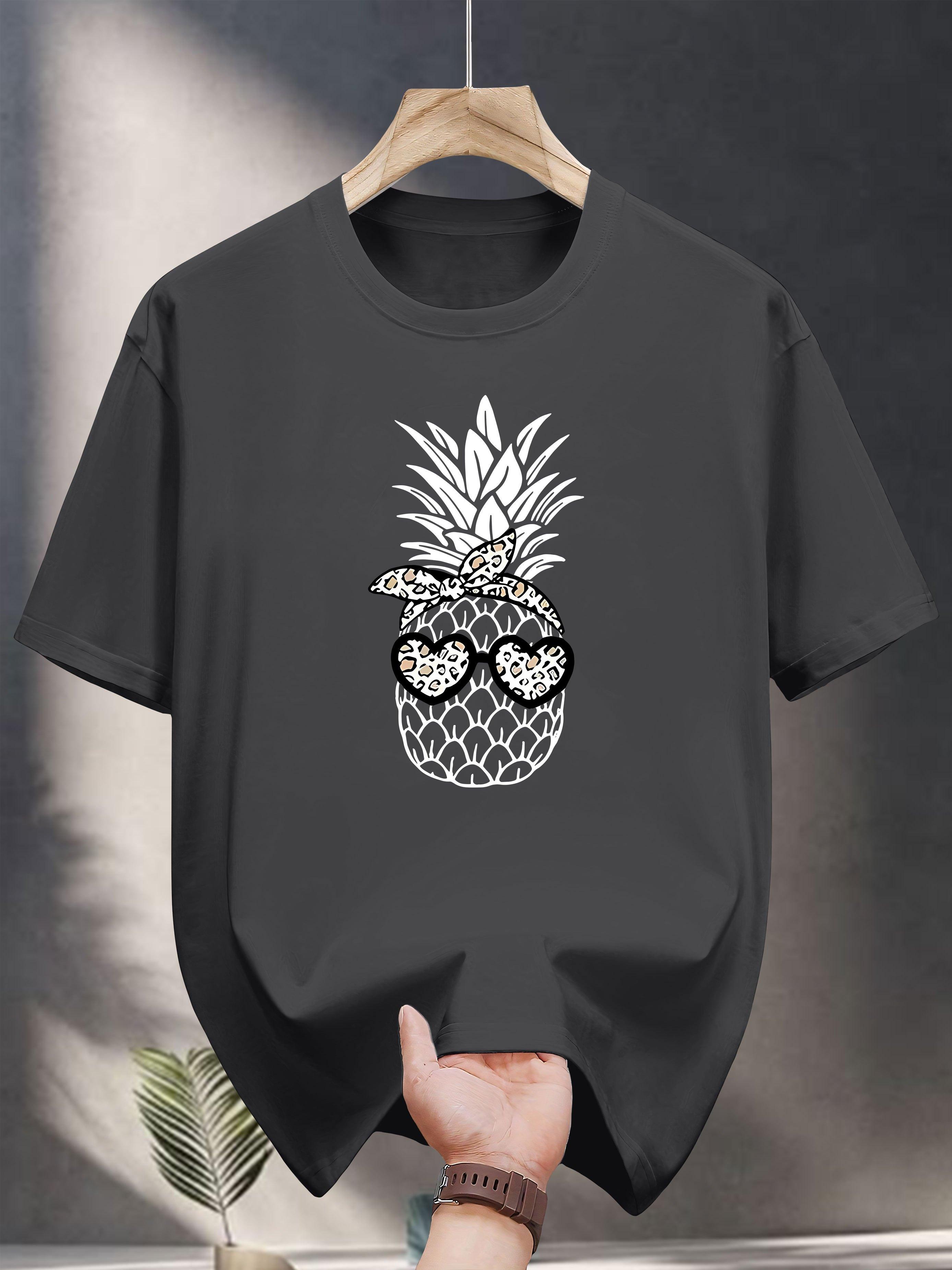 100% T-shirt with Pineapple & Leopard Print Design - Navy Blue Casual Summer Tee for Adults M
