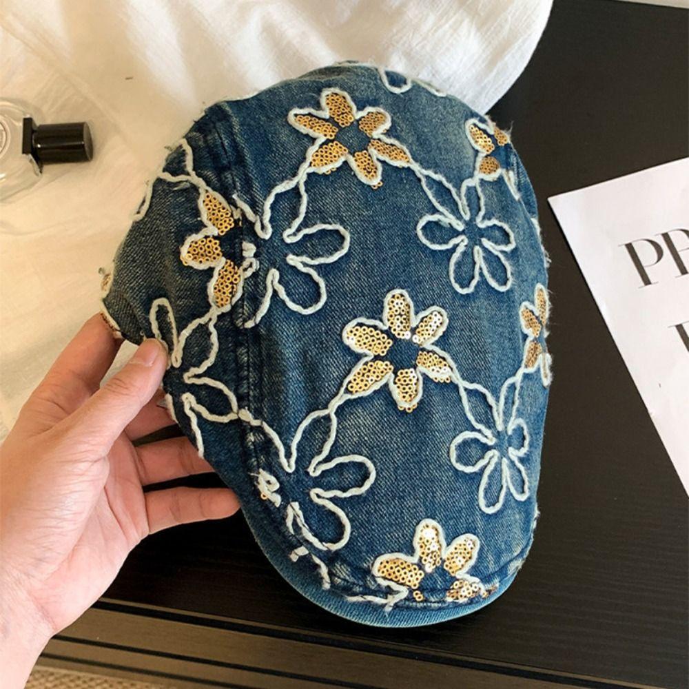Cloth Denim Forward Cap Y2k Sequin Newsboy Cap Retro Cadet Cap  Travel