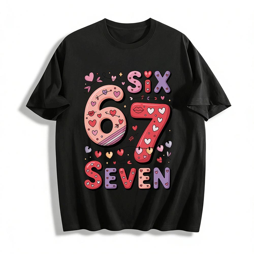 Cartoon Love Heart Number 67 Print Casual Top For Adults Kids Pure cotton T-shirt XXS