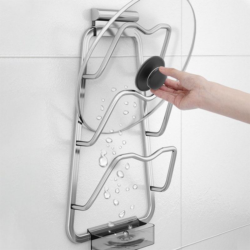 3 Layer Wall-Mounted Pot Pan Lid Storage Holder No Punching Self-Adhesive Household Kitchen Pan Lid Organizer Pot Cover Rack
