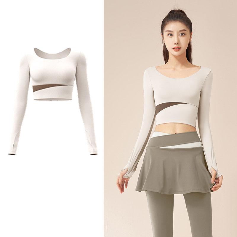 

Вшитый бюстгальтер с отверстием для большого пальца, расширяющий пояс, цветная строчка, эластичная мягкость, женские рубашки с длинным рукавом, топы для занятий йогой, фитнесом и спортзалом S