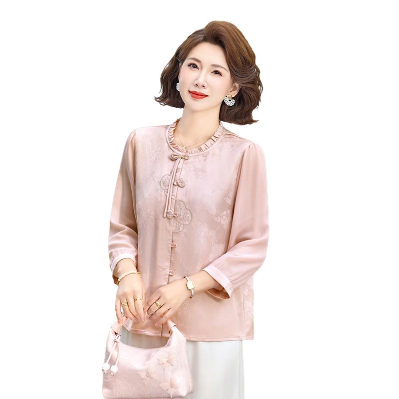 Mom's Elegant Chinese-Style Satin Embroidered Lace Shirt with Three-Quarter Sleeves