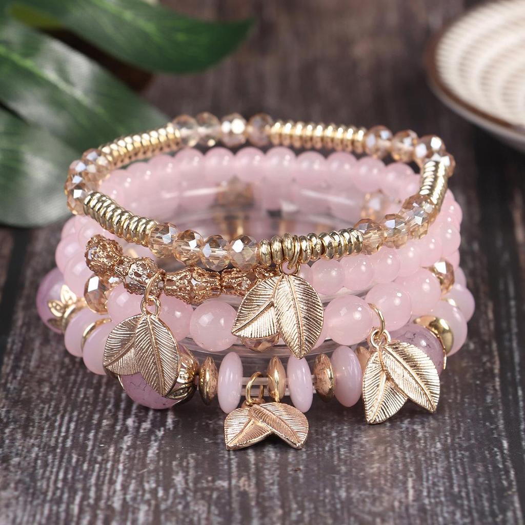 Bohemian Retro Beaded Bracelet with Leaf Pendant and Crystal Accents