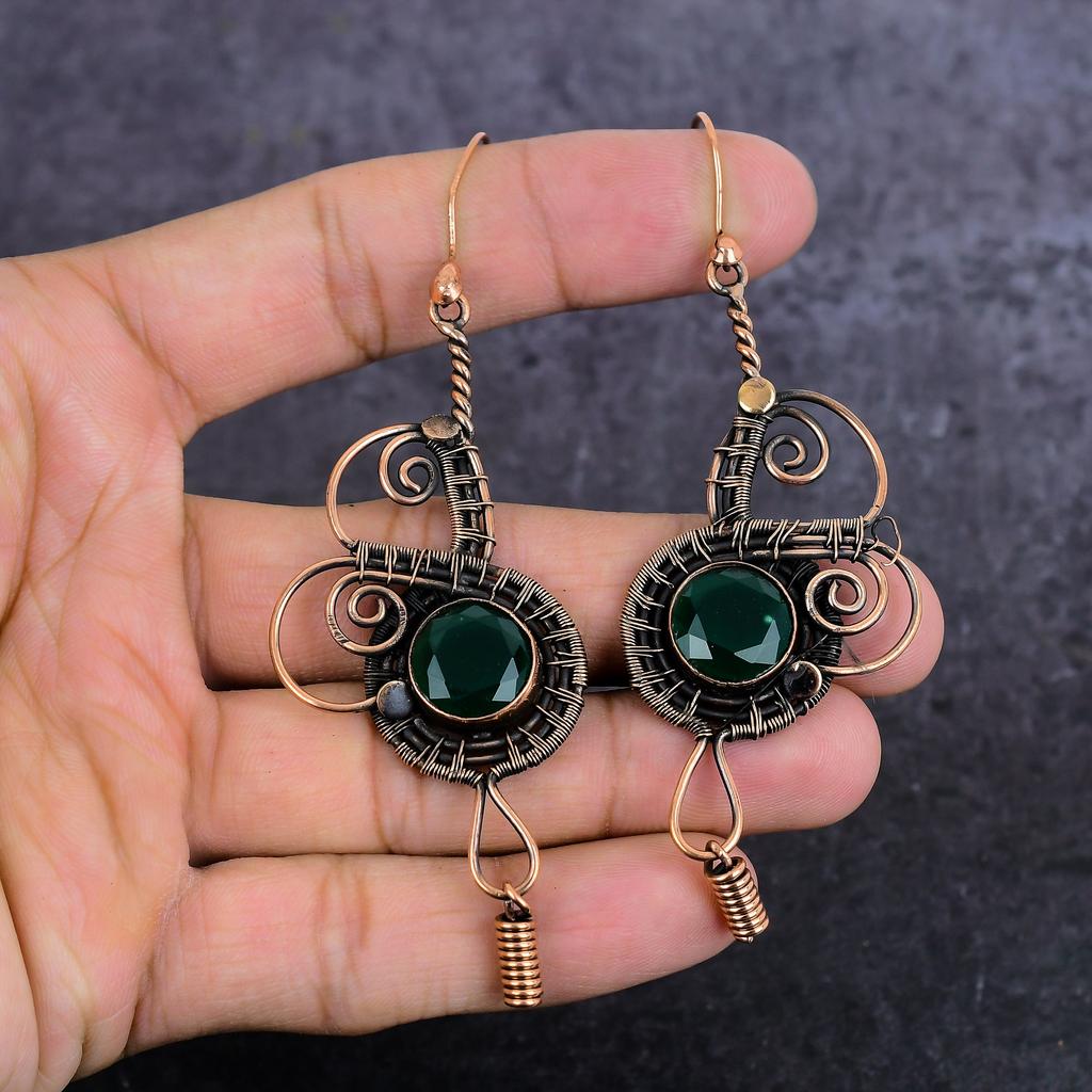 Natural Green Onyx Gemstone Handmade Copper Wire Wrap Jewelry Earring 3.74" Q9B96
