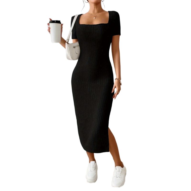 Women's Square Neck Split Hip Dress Square Collar Slim-Fit Slit Hip-Wrapped Dress Female