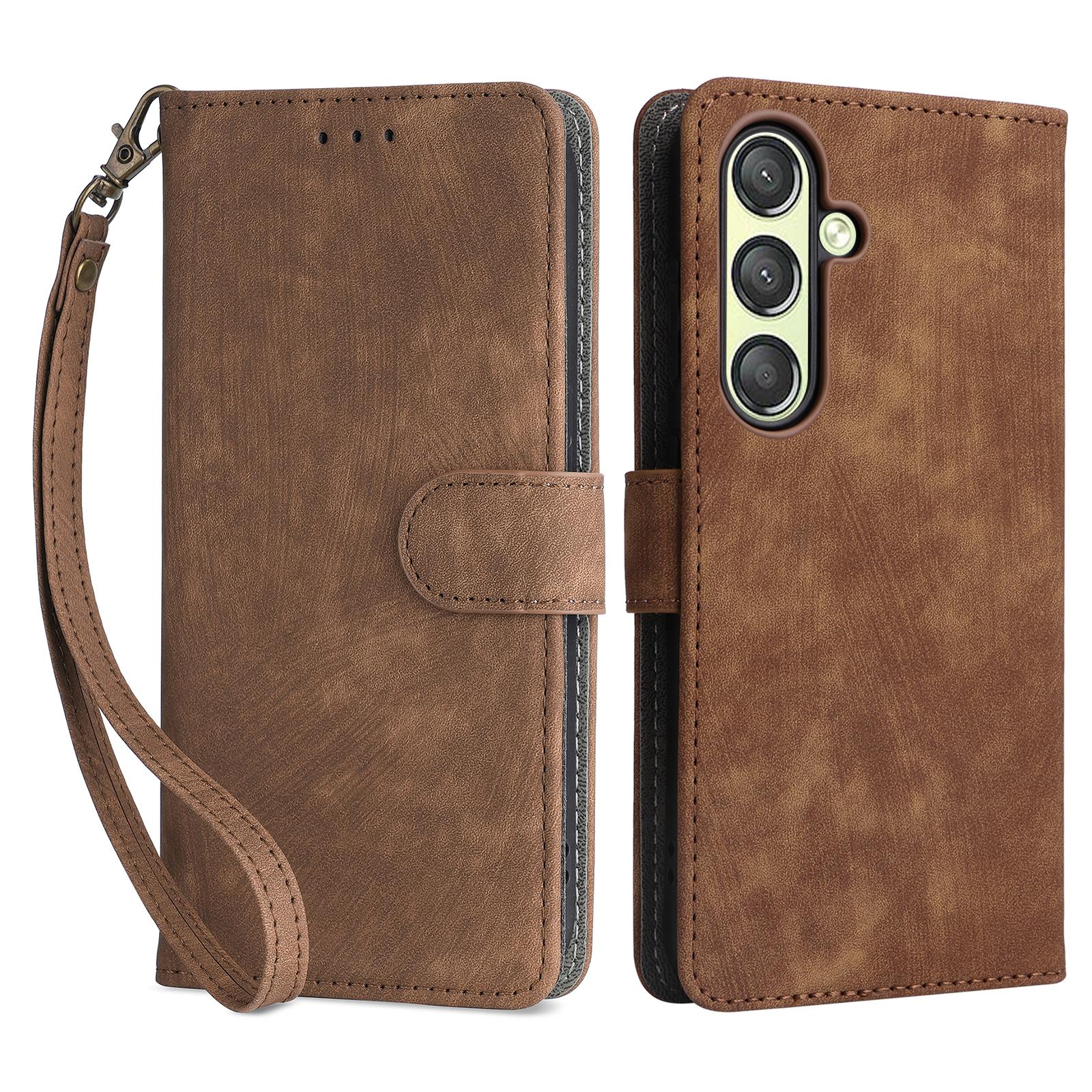 

For Samsung Galaxy S24 Wallet Case RFID Blocking Phone Cover with Wrist Strap Brown