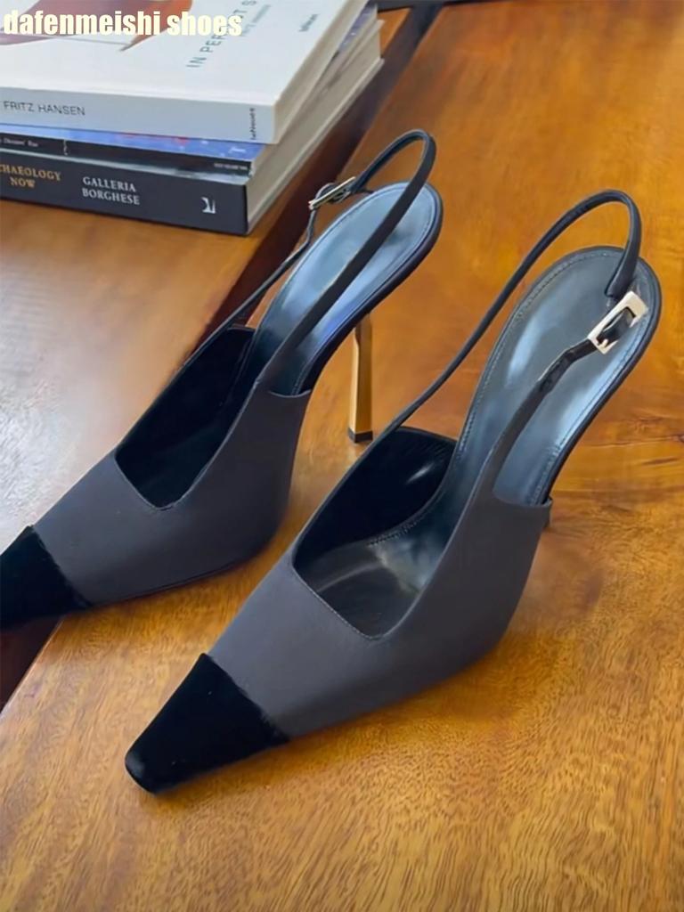 Fashion Satin Fabric Square Toe Metal Thin Heel Women High Heels Back Strap Slingback Fashion Sandals Black/white 2025 New Pumps