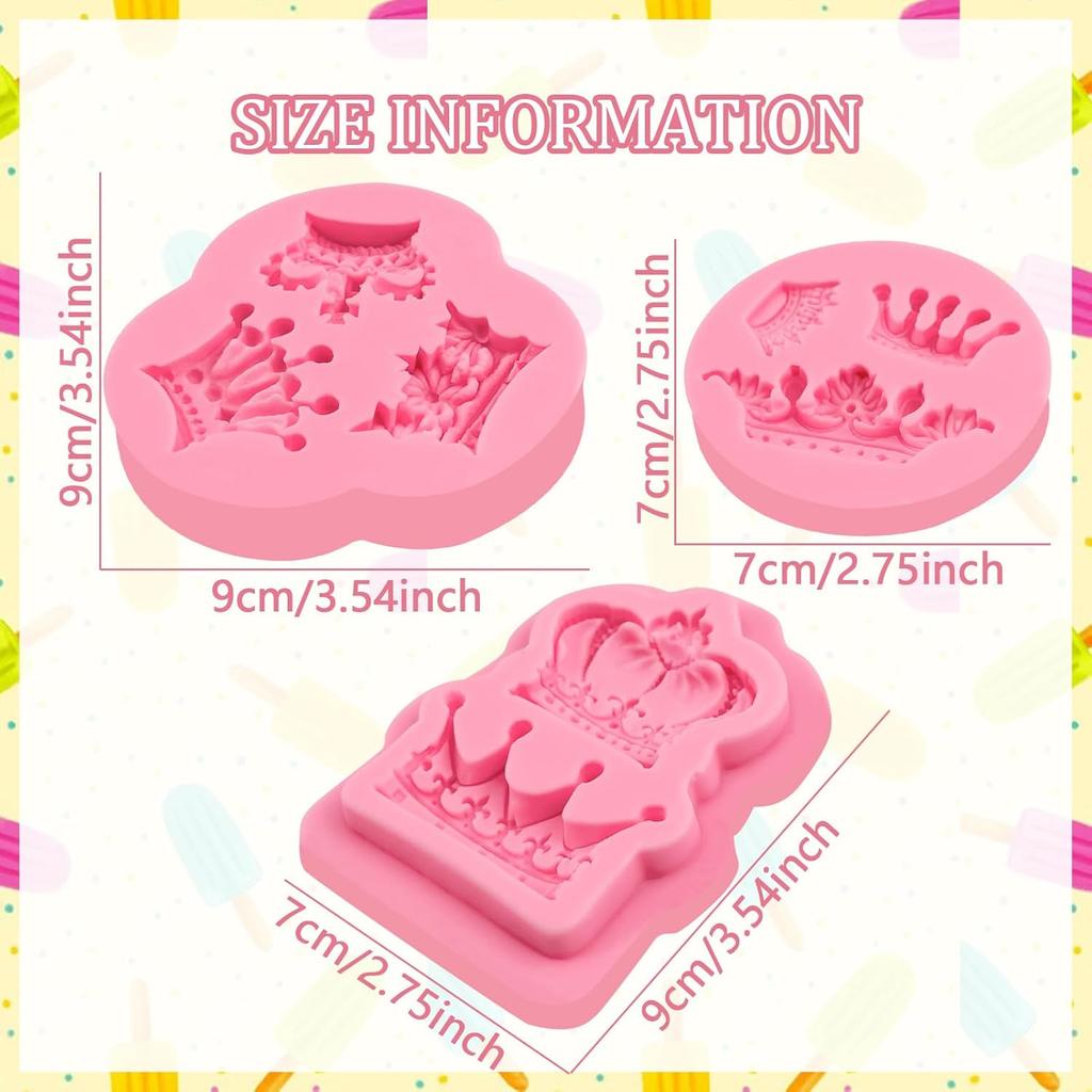 Mini Crown Fondant Molds 3pcs, 3D Crown Chocolate Cake Decorating Silicone Molds, for Dessert Display, Cupcake Toppers, Candy, Sugar Craft, Cookies,