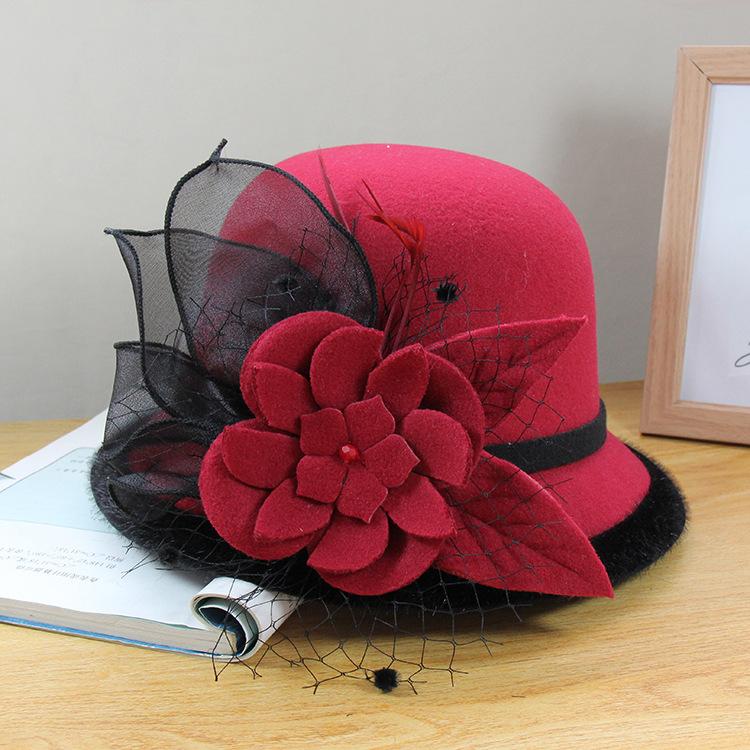 Европейский и американский темперамент Элегантная шляпа-федора с сеткой и цветком Женская осенне-зимняя шляпа-купол с большими полями Модная уличная универсальная шляпа-ведро Adjustable