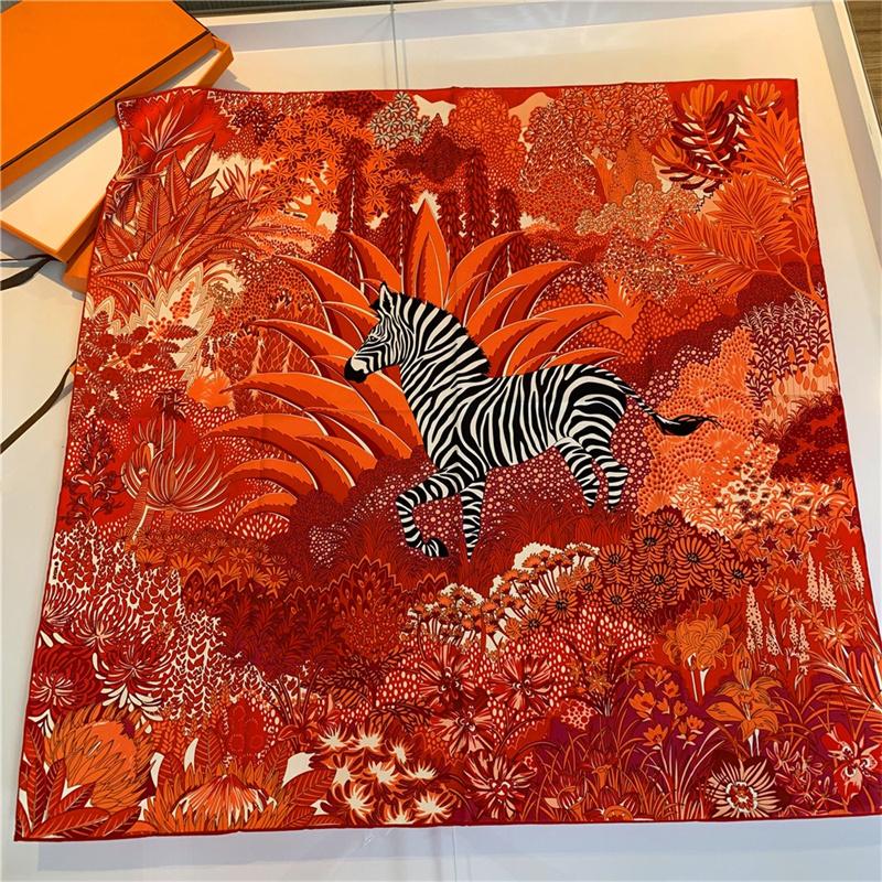 Zebra Foulards Twill Silk Square Scarf Women Shawl  Hijab Scarf Design Bandana Manual Hand Rolled Hem Head Scarves 90Cm
