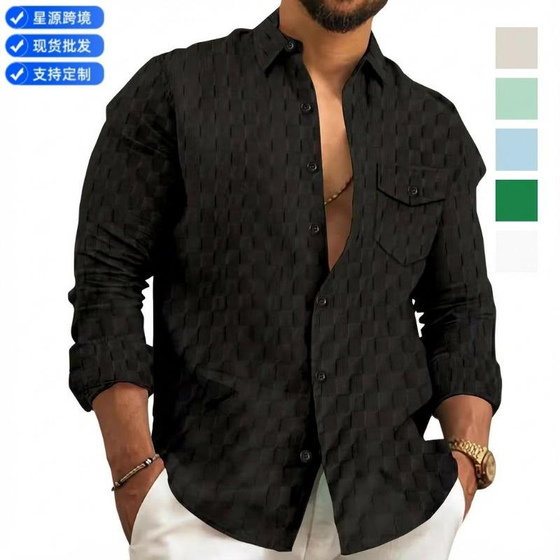 Mens Plaid Jacquard Turn Down Collar Long Sleeve Loose Casual Shirt With Chest Pocket