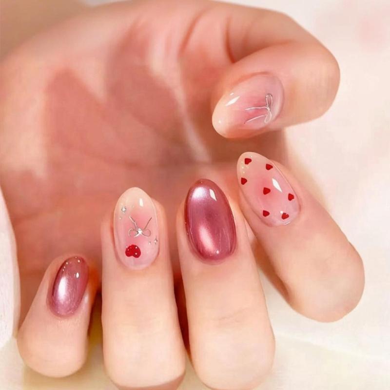 30Pcs Rhinestones Bows Press On Nail Short Almond Shape With Metallic Cats Eye Effect