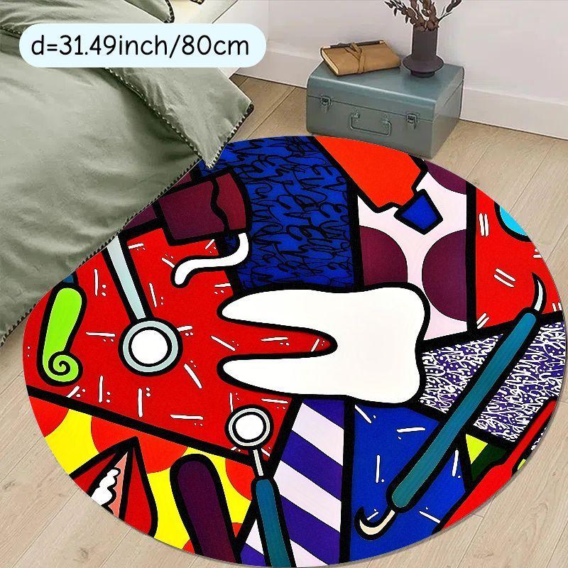Abstract Art Pattern Round Rug Bold Colors Geometric Shapes Flannel Carpet for Living Room Bedroom Decorative Non Slip Washable 60cm x 60cm