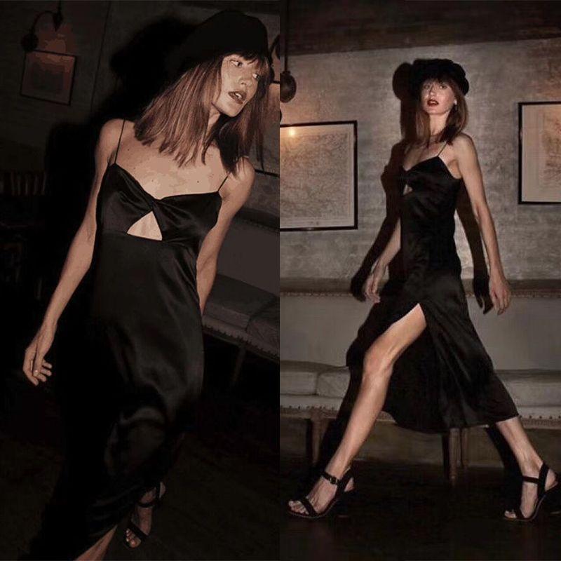 

Scheming Design Retro Slit Little Black Dress with Suspenders Black Tube Top Cut Out slit Dress L.