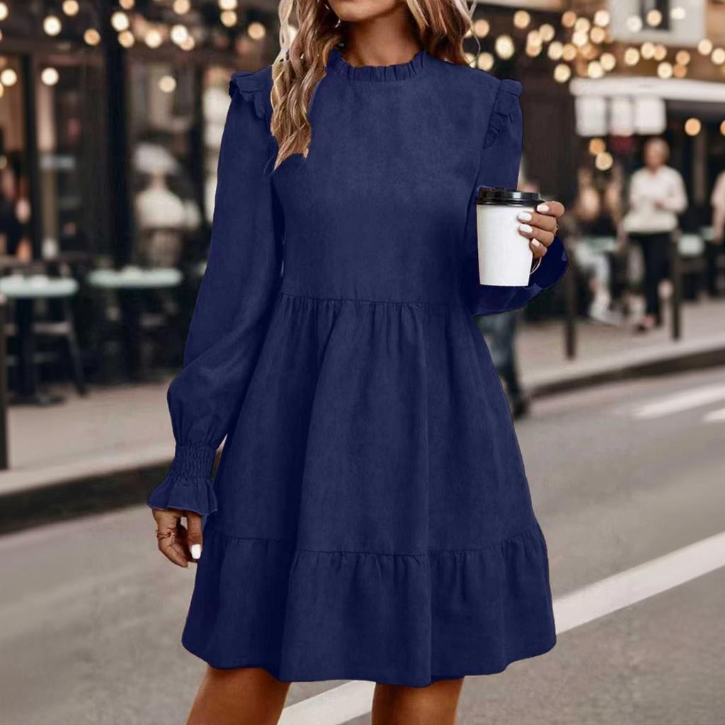 Women's Long Sleeve Round Neck Pullover Princess Dress with Elastic Waist for Casual Wear