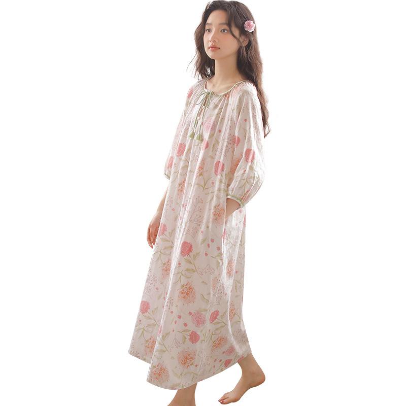 Summer sweet Japanese nightdress women's cotton gauze vitality girl skirt seven-quarter sleeve round neck lazy loungewear nightdress
