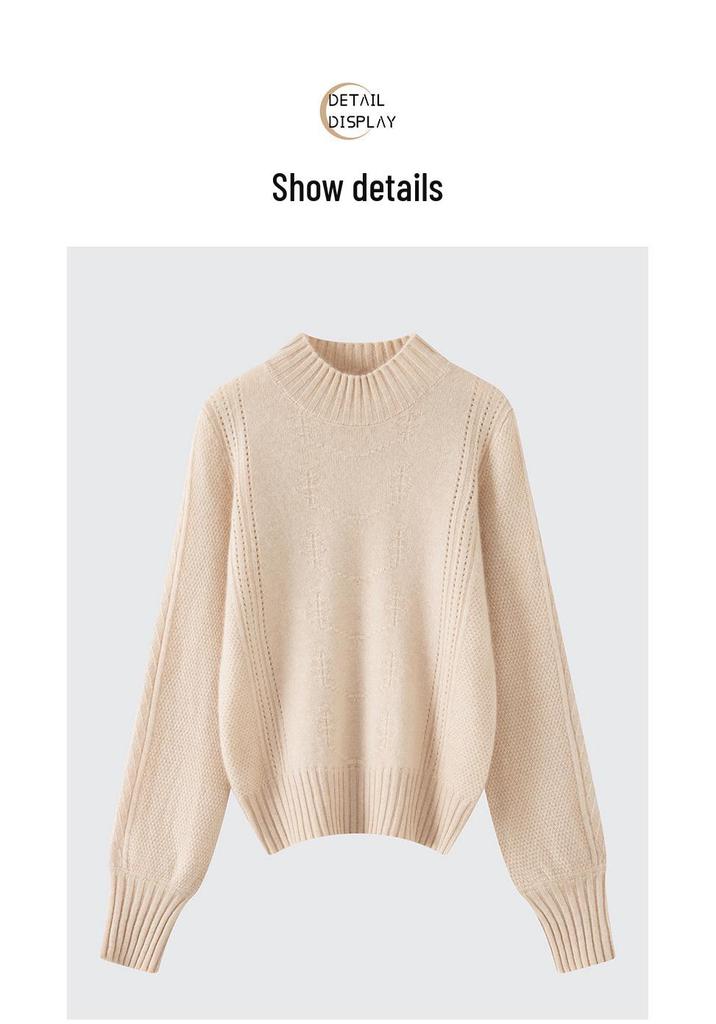 2026 Autumn/Winter Pure Wool Thickened Knitwear: Women's Long Sleeve Hollow Sweater with Half-High Collar