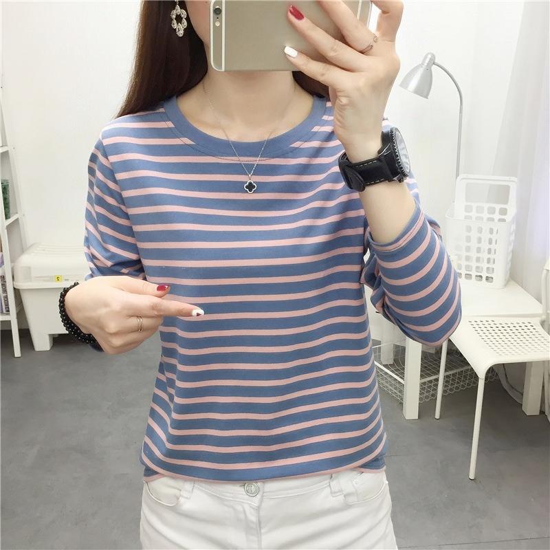 Autumn Plus Size Loose Slim Long Sleeve T Shirt Womens Outer Wear Striped Base Layer Top