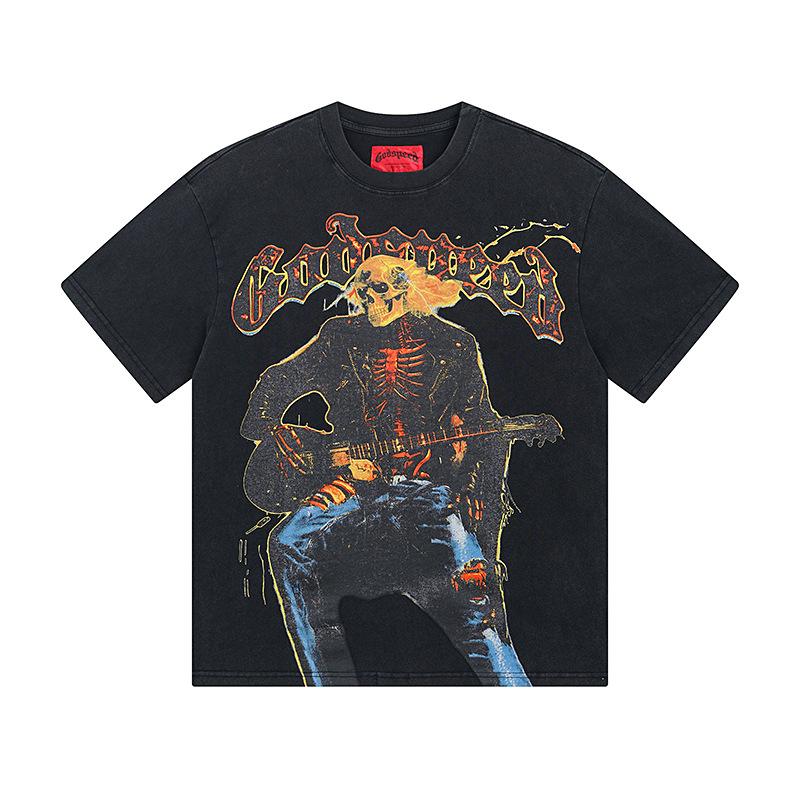 Cross-border trendy brand GS Skull Band Alphabet Printing Washing Water Short Sleeve Loose T-Shirt Men's and Women's High Street Retro Half Sleeve