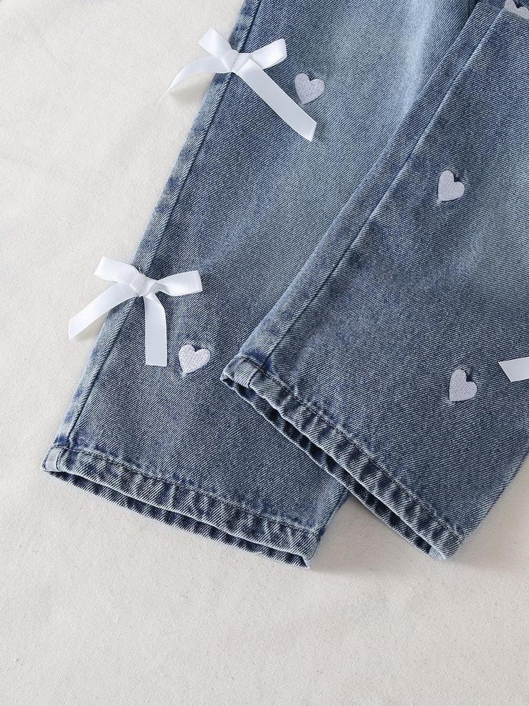 Single-piece Girls' Jeans, Trendy, Casual, Versatile, Cute, 3D Embroidered with Bows and Hearts, Straight Leg, Spring/summer.