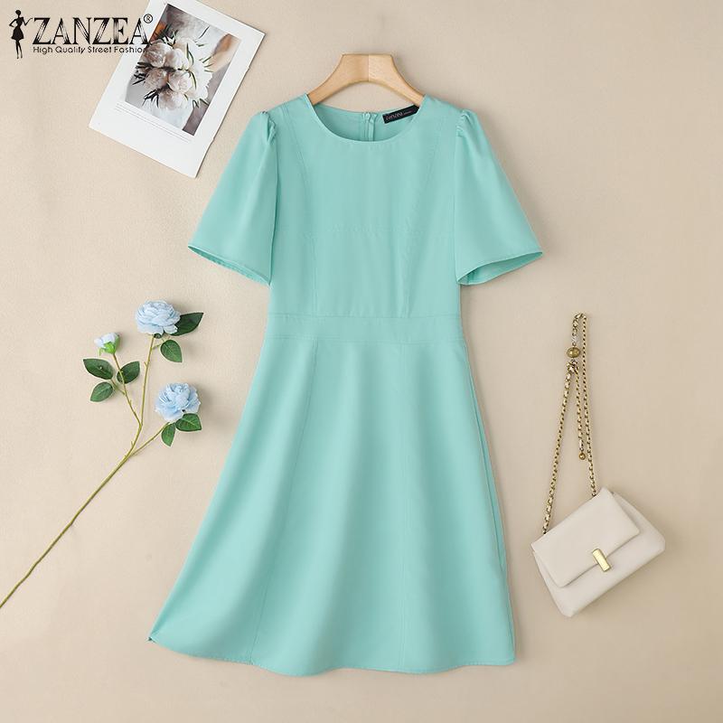 ZANZEA Damen Sommerkleid mit Rundhalsausschnitt, einfarbig, lässig, kurzärmelig