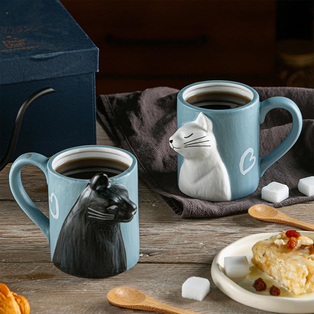 Couple Cat Mugs Gift Set, Ceramic Coffee Cups, Cute Birthday Present with Gift Box