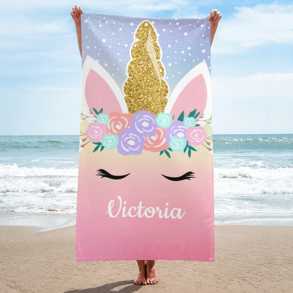 Name Bath Towels Cartoon Unicorn Beach Towel Bathroom Sport Towel for Adult Kids Microfiber Quick Dry Swimming Cover