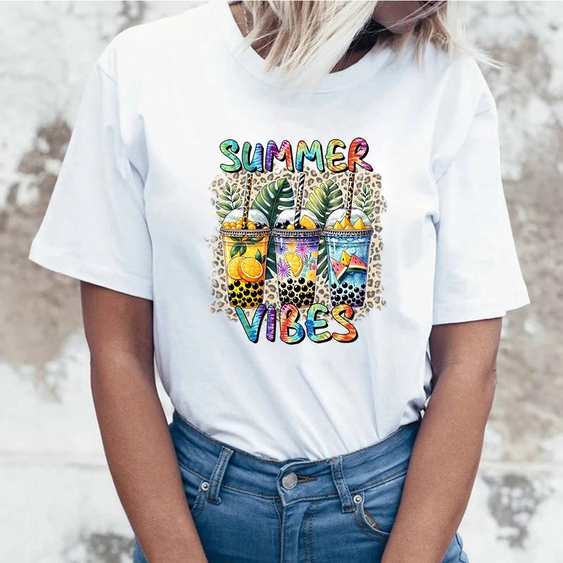 Funny Summer Vibes Letter Print T-Shirt Womans Casual Tops Summer Cool T Shirt Plus Size Tops Tees