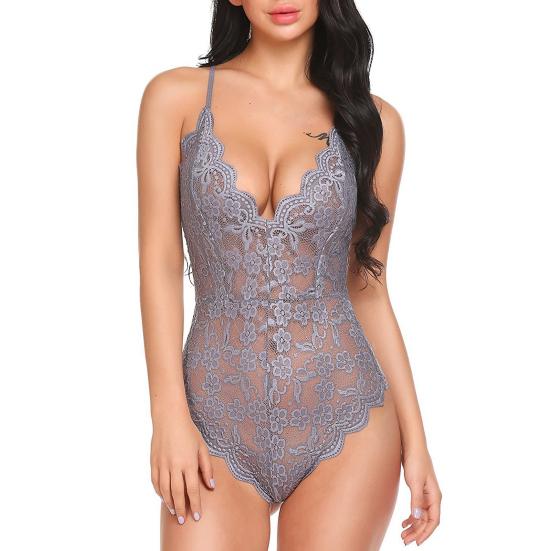 Sexy bodysuit for kvinner Gjennomsiktig blonder Skinny Lavt utsnitt V-hals Ryggløs Ermeløs Uthult blomsterbroderi Justerbare stropper Ensfarget bryllupsreise