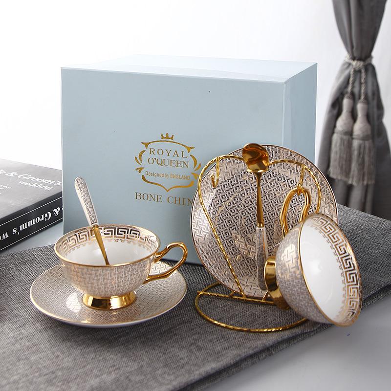 European Style Bone China Tea Cup & Saucer Set - Classic Hand-Painted Floral Design with Gold Trim