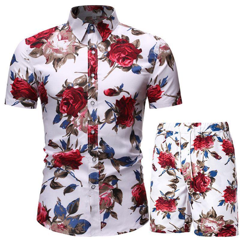Hawaiian Beach Flower Shirt Short Sleeve Men's Large Size Shirt Shorts Printed Two-piece Suit