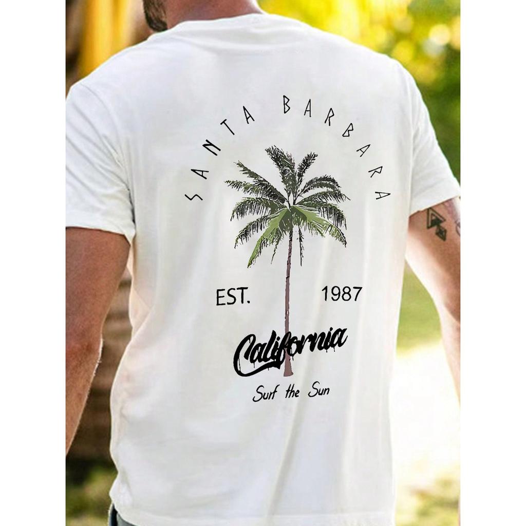 Mens Coconut Tree Graphic Tee Short Sleeve Alphabet Design Lightweight Summer Streetwear for Fashion Forward Style