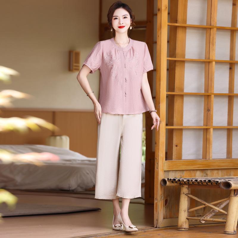 

Женский летний костюм больших размеров в китайском национальном стиле для людей среднего и пожилого возраста, элегантная футболка + свободные брюки, комплект из двух предметов 2XL розовый