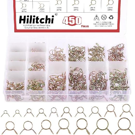 Hilitchi 250-Pcs [10 Size] Fuel Line Hose Tubing Spring Clips Clamps Assortment Kit for Motorcycle Scooter ATV - [5~14mm]