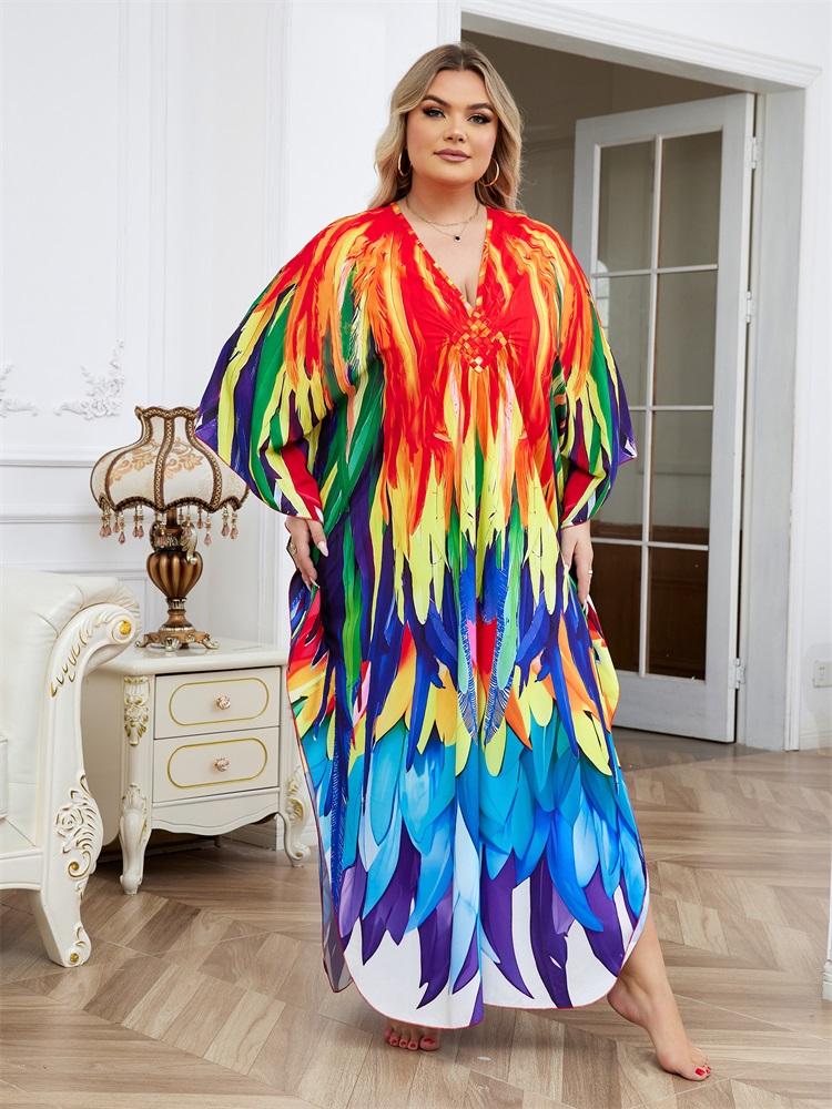 EDOLYNSA Plus Size Women Kaftan Dress Outfits Boho Colorful Printed Vacation V-neck Split House Robe Summer Beachwear Bathing Suit Cover Up Q1588