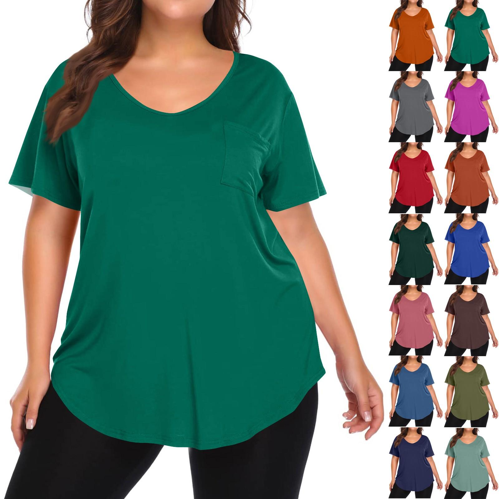 

Women s Solid Color Large Size V-neck Top Loose Pocket T-shirt XXXXL синій