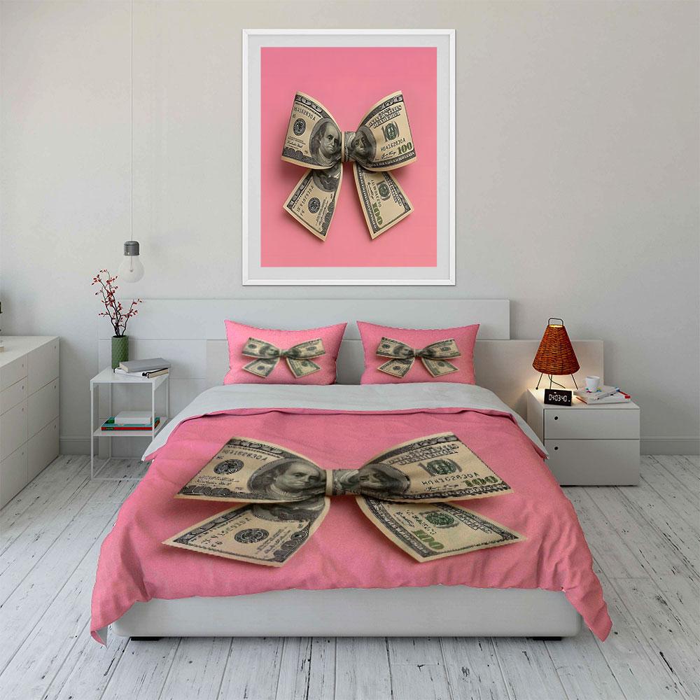 Dollar-Schleife auf rosa Hintergrund Druck Weich Bequem Bettbezug Bettwäsche-Set Enthalten 1*Bettbezug 2*Kissenbezüge Luxusgeschenk