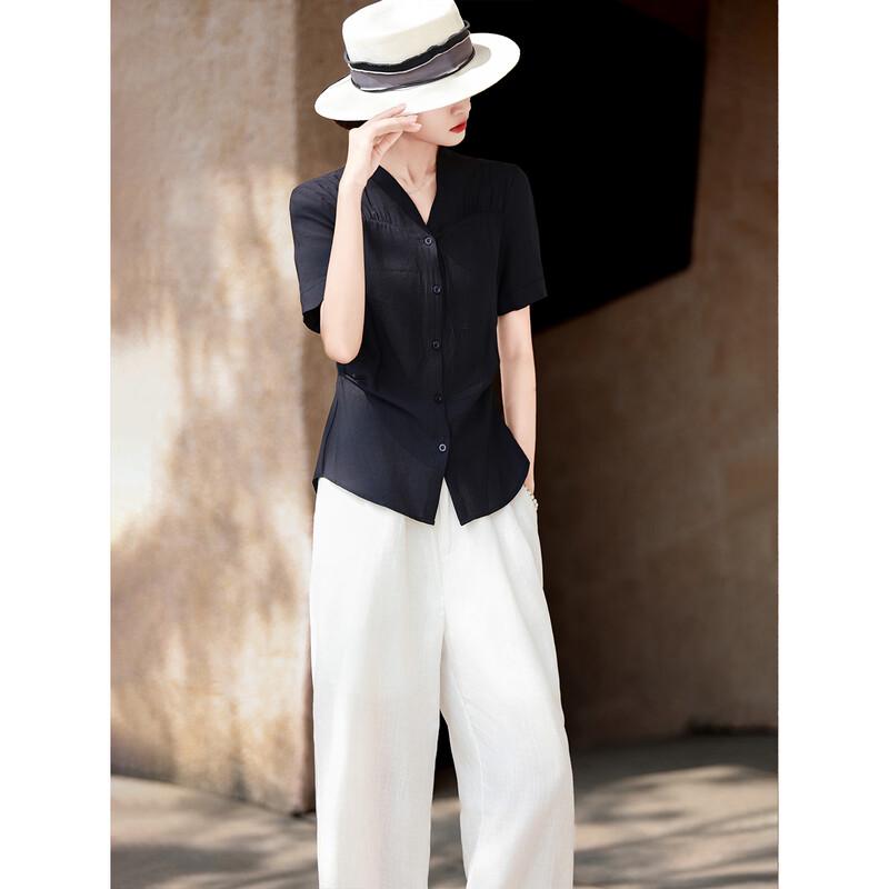 Women's Elegant V-Neck Patchwork Short Sleeve Blouse
