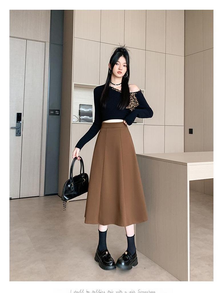 Plus Size Women's Korean Style Woolen Flare Skirt - High Waist A-line for Autumn/Winter