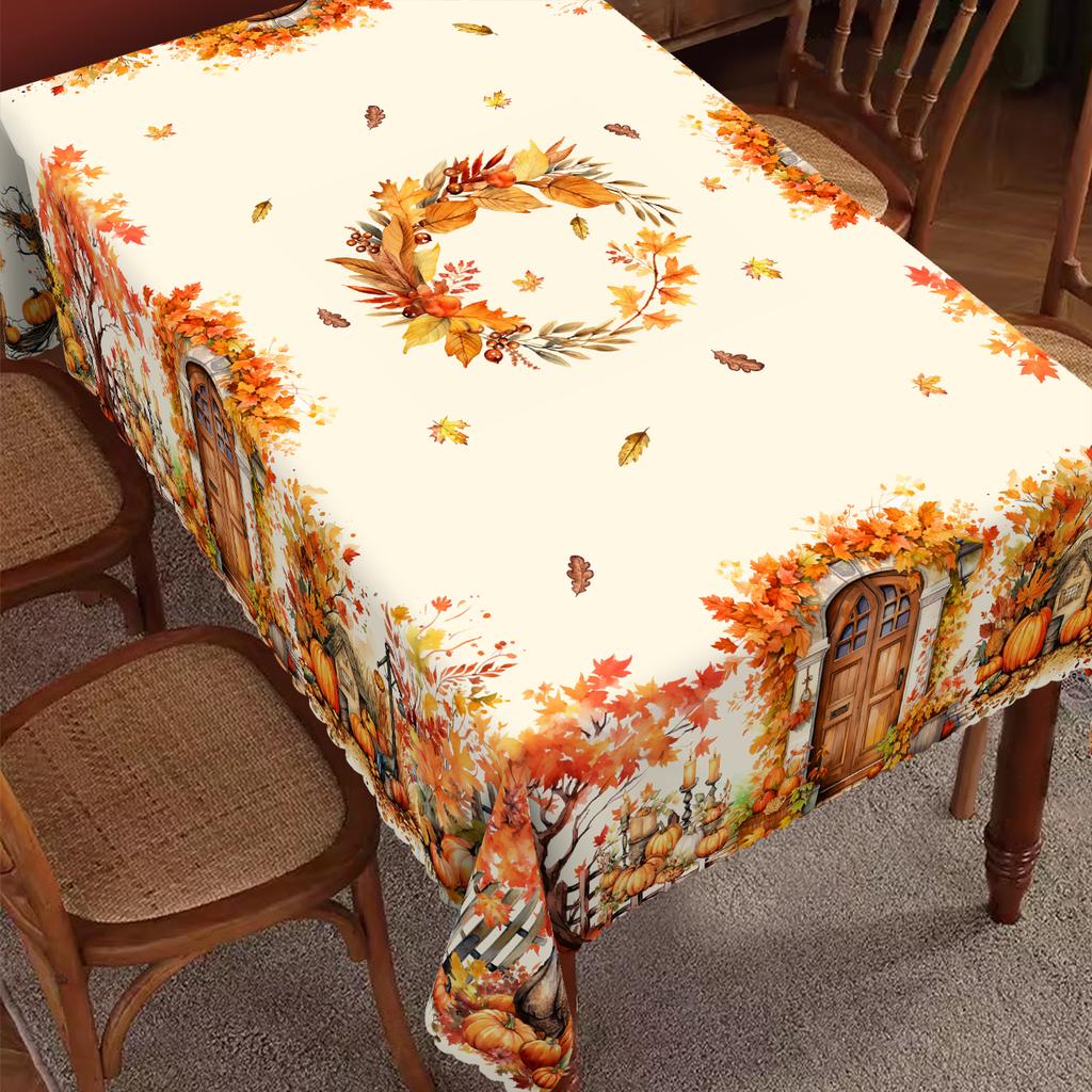 1 Piece Autum Collection Theme Round And Rectangular Tablecloth, Various Sizes, Pumpkin And Autum Fallen Leaf Print Pattern Decorative Tablecloth, Tha
