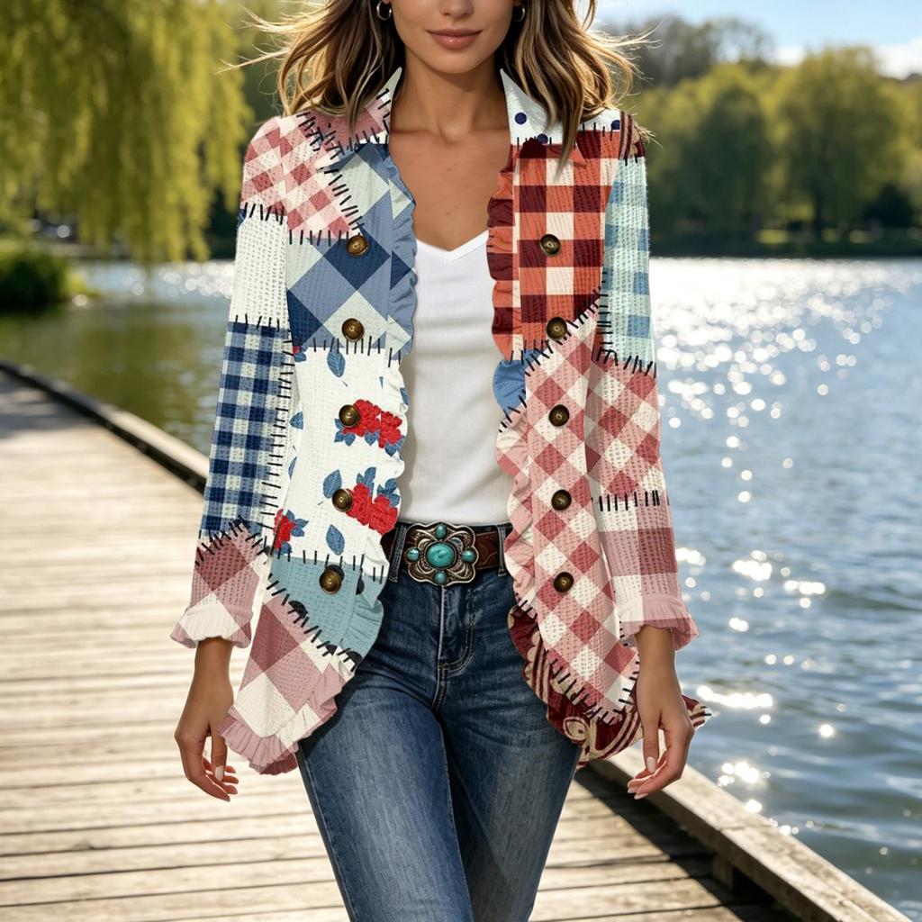 Women's Fashion Plaid Print Long Sleeve Ruffled Open Front Jacket
